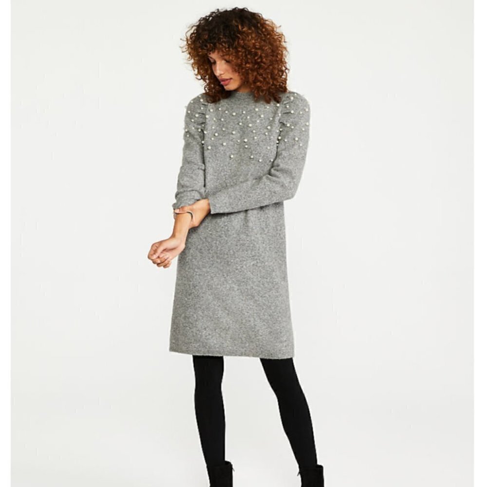 Pearlized Mock Neck Sweater Dress in Pebble Grey Melange, size XS